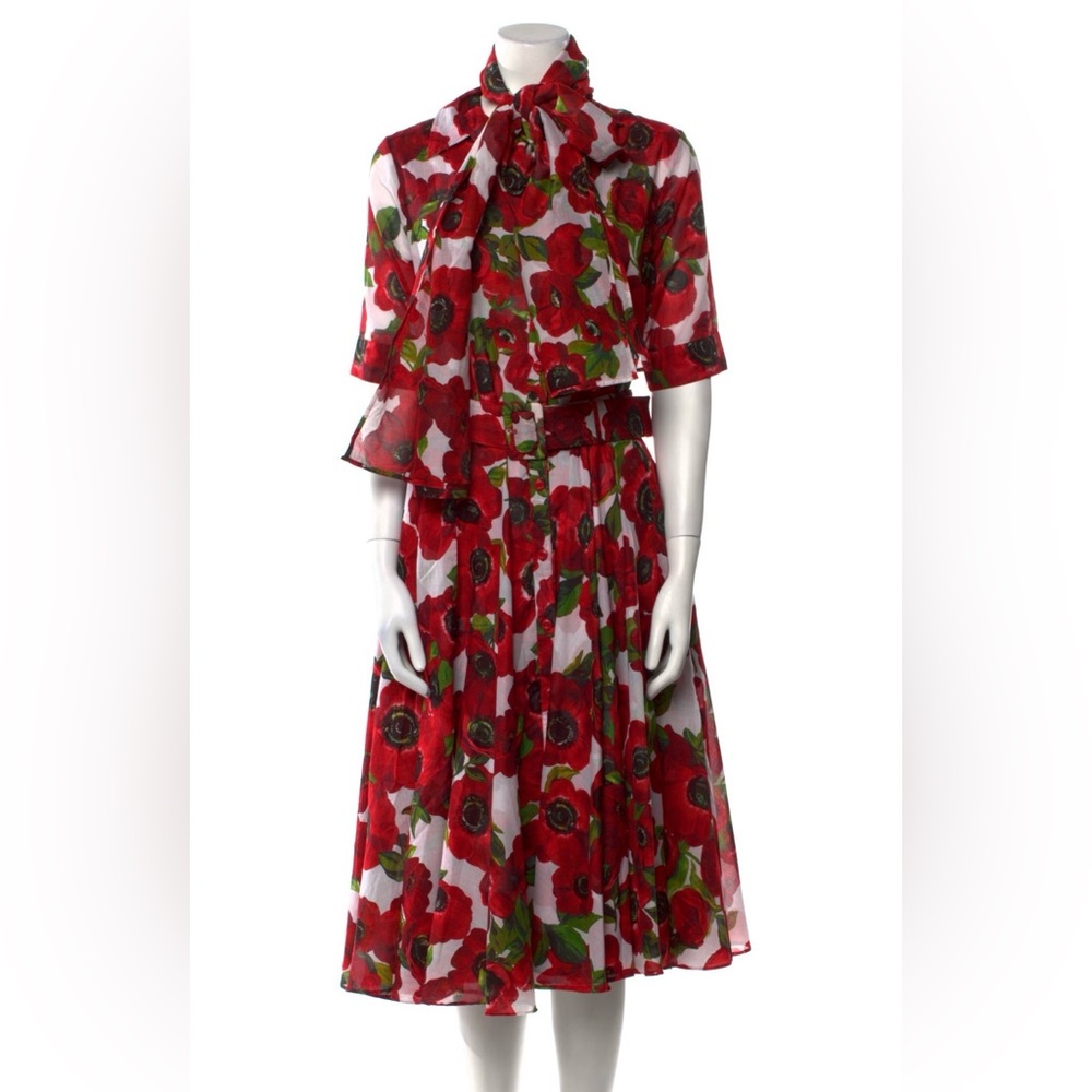 SAMANTHA SUNG Red and Green Floral Midi Dress Poppies